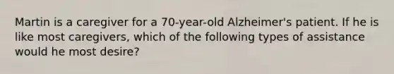 Martin is a caregiver for a 70-year-old Alzheimer's patient. If he is like most caregivers, which of the following types of assistance would he most desire?