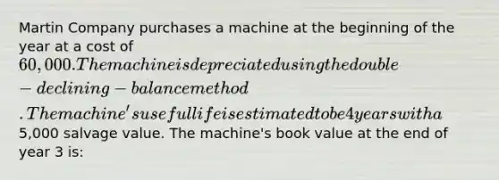 Martin Company purchases a machine at the beginning of the year at a cost of 60,000. The machine is depreciated using the double-declining-balance method. The machine's useful life is estimated to be 4 years with a5,000 salvage value. The machine's book value at the end of year 3 is: