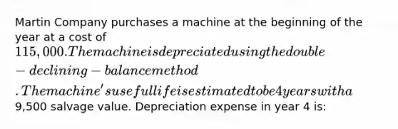 Martin Company purchases a machine at the beginning of the year at a cost of 115,000. The machine is depreciated using the double-declining-balance method. The machine's useful life is estimated to be 4 years with a9,500 salvage value. Depreciation expense in year 4 is: