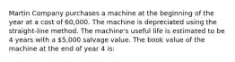 Martin Company purchases a machine at the beginning of the year at a cost of 60,000. The machine is depreciated using the straight-line method. The machine's useful life is estimated to be 4 years with a 5,000 salvage value. The book value of the machine at the end of year 4 is: