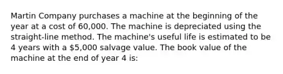 Martin Company purchases a machine at the beginning of the year at a cost of 60,000. The machine is depreciated using the straight-line method. The machine's useful life is estimated to be 4 years with a 5,000 salvage value. The book value of the machine at the end of year 4 is: