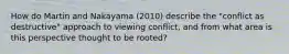 How do Martin and Nakayama (2010) describe the "conflict as destructive" approach to viewing conflict, and from what area is this perspective thought to be rooted?