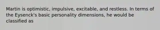 Martin is optimistic, impulsive, excitable, and restless. In terms of the Eysenck's basic personality dimensions, he would be classified as