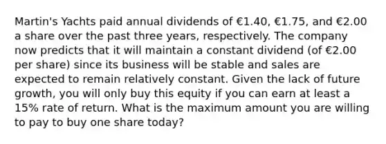 Martin's Yachts paid annual dividends of €1.40, €1.75, and €2.00 a share over the past three years, respectively. The company now predicts that it will maintain a constant dividend (of €2.00 per share) since its business will be stable and sales are expected to remain relatively constant. Given the lack of future growth, you will only buy this equity if you can earn at least a 15% rate of return. What is the maximum amount you are willing to pay to buy one share today?