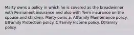 Marty owns a policy in which he is covered as the breadwinner with Permanent insurance and also with Term insurance on the spouse and children. Marty owns a: A)Family Maintenance policy. B)Family Protection policy. C)Family Income policy. D)Family policy.