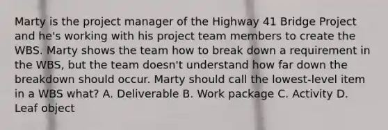 Marty is the project manager of the Highway 41 Bridge Project and he's working with his project team members to create the WBS. Marty shows the team how to break down a requirement in the WBS, but the team doesn't understand how far down the breakdown should occur. Marty should call the lowest-level item in a WBS what? A. Deliverable B. Work package C. Activity D. Leaf object