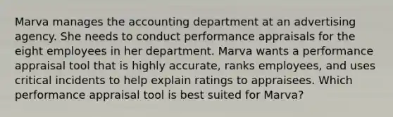 Marva manages the accounting department at an advertising agency. She needs to conduct performance appraisals for the eight employees in her department. Marva wants a performance appraisal tool that is highly accurate, ranks employees, and uses critical incidents to help explain ratings to appraisees. Which performance appraisal tool is best suited for Marva?