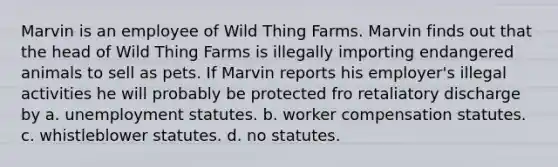 Marvin is an employee of Wild Thing Farms. Marvin finds out that the head of Wild Thing Farms is illegally importing endangered animals to sell as pets. If Marvin reports his employer's illegal activities he will probably be protected fro retaliatory discharge by a. unemployment statutes. b. worker compensation statutes. c. whistleblower statutes. d. no statutes.