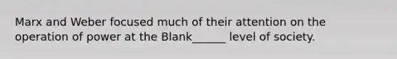 Marx and Weber focused much of their attention on the operation of power at the Blank______ level of society.