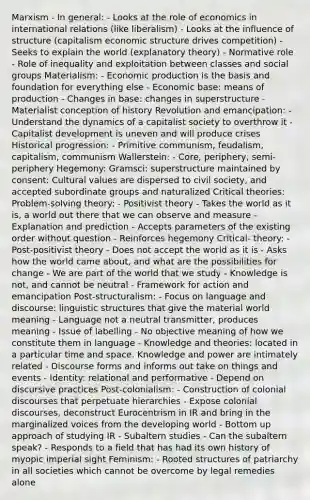 Marxism - In general: - Looks at the role of economics in international relations (like liberalism) - Looks at the influence of structure (capitalism economic structure drives competition) - Seeks to explain the world (explanatory theory) - Normative role - Role of inequality and exploitation between classes and social groups Materialism: - Economic production is the basis and foundation for everything else - Economic base: means of production - Changes in base: changes in superstructure - Materialist conception of history Revolution and emancipation: - Understand the dynamics of a capitalist society to overthrow it - Capitalist development is uneven and will produce crises Historical progression: - Primitive communism, feudalism, capitalism, communism Wallerstein: - Core, periphery, semi-periphery Hegemony: Gramsci: superstructure maintained by consent: Cultural values are dispersed to civil society, and accepted subordinate groups and naturalized Critical theories: Problem-solving theory: - Positivist theory - Takes the world as it is, a world out there that we can observe and measure - Explanation and prediction - Accepts parameters of the existing order without question - Reinforces hegemony Critical- theory: - Post-positivist theory - Does not accept the world as it is - Asks how the world came about, and what are the possibilities for change - We are part of the world that we study - Knowledge is not, and cannot be neutral - Framework for action and emancipation Post-structuralism: - Focus on language and discourse: linguistic structures that give the material world meaning - Language not a neutral transmitter, produces meaning - Issue of labelling - No objective meaning of how we constitute them in language - Knowledge and theories: located in a particular time and space. Knowledge and power are intimately related - Discourse forms and informs out take on things and events - Identity: relational and performative - Depend on discursive practices Post-colonialism: - Construction of colonial discourses that perpetuate hierarchies - Expose colonial discourses, deconstruct Eurocentrism in IR and bring in the marginalized voices from the developing world - Bottom up approach of studying IR - Subaltern studies - Can the subaltern speak? - Responds to a field that has had its own history of myopic imperial sight Feminism: - Rooted structures of patriarchy in all societies which cannot be overcome by legal remedies alone