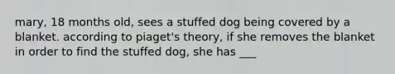 mary, 18 months old, sees a stuffed dog being covered by a blanket. according to piaget's theory, if she removes the blanket in order to find the stuffed dog, she has ___