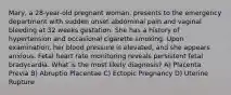 Mary, a 28-year-old pregnant woman, presents to the emergency department with sudden onset abdominal pain and vaginal bleeding at 32 weeks gestation. She has a history of hypertension and occasional cigarette smoking. Upon examination, her blood pressure is elevated, and she appears anxious. Fetal heart rate monitoring reveals persistent fetal bradycardia. What is the most likely diagnosis? A) Placenta Previa B) Abruptio Placentae C) Ectopic Pregnancy D) Uterine Rupture