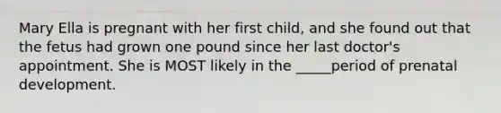 Mary Ella is pregnant with her first child, and she found out that the fetus had grown one pound since her last doctor's appointment. She is MOST likely in the _____period of prenatal development.