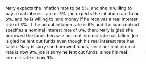 Mary expects the inflation rate to be 5%, and she is willing to pay a real interest rate of 3%. Joe expects the inflation rate to be 5%, and he is willing to lend money if he receives a real interest rate of 3%. If the actual inflation rate is 6% and the loan contract specifies a nominal interest rate of 8%, then: Mary is glad she borrowed the funds because her real interest rate has fallen. Joe is glad he lent out funds even though his real interest rate has fallen. Mary is sorry she borrowed funds, since her real interest rate is now 9%. Joe is sorry he lent out funds, since his real interest rate is now 9%.