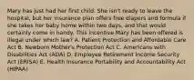 Mary has just had her first child. She​ isn't ready to leave the​ hospital, but her insurance plan offers free diapers and formula if she takes her baby home within two​ days, and that would certainly come in handy. This incentive Mary has been offered is illegal under which​ law? A. Patient Protection and Affordable Care Act B. Newborn​ Mother's Protection Act C. Americans with Disabilities Act​ (ADA) D. Employee Retirement Income Security Act​ (ERISA) E. Health Insurance Portability and Accountability Act​ (HIPAA)