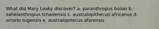 What did Mary Leaky discover? a. paranthropus boisei b. sahelanthropus tchadensis c. australopithecus africanus d. orrorin tugensis e. australopitecus afarensis