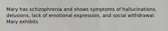 Mary has schizophrenia and shows symptoms of hallucinations, delusions, lack of emotional expression, and social withdrawal. Mary exhibits