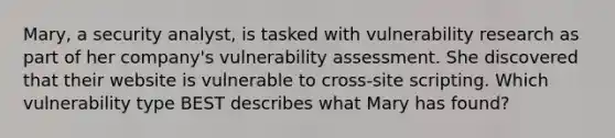 Mary, a security analyst, is tasked with vulnerability research as part of her company's vulnerability assessment. She discovered that their website is vulnerable to cross-site scripting. Which vulnerability type BEST describes what Mary has found?