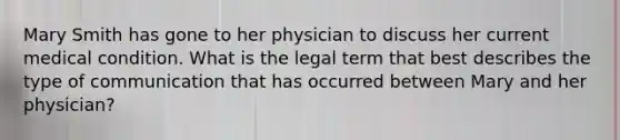 Mary Smith has gone to her physician to discuss her current medical condition. What is the legal term that best describes the type of communication that has occurred between Mary and her physician?