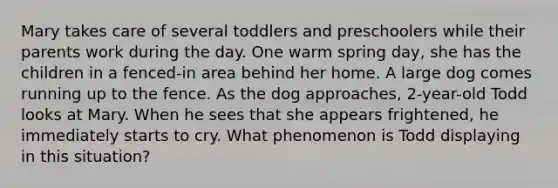 Mary takes care of several toddlers and preschoolers while their parents work during the day. One warm spring day, she has the children in a fenced-in area behind her home. A large dog comes running up to the fence. As the dog approaches, 2-year-old Todd looks at Mary. When he sees that she appears frightened, he immediately starts to cry. What phenomenon is Todd displaying in this situation?