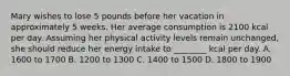 Mary wishes to lose 5 pounds before her vacation in approximately 5 weeks. Her average consumption is 2100 kcal per day. Assuming her physical activity levels remain unchanged, she should reduce her energy intake to ________ kcal per day. A. 1600 to 1700 B. 1200 to 1300 C. 1400 to 1500 D. 1800 to 1900