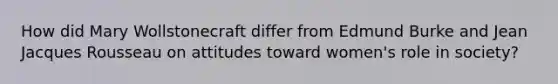 How did Mary Wollstonecraft differ from Edmund Burke and Jean Jacques Rousseau on attitudes toward women's role in society?