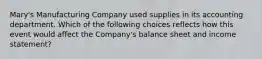 Mary's Manufacturing Company used supplies in its accounting department. Which of the following choices reflects how this event would affect the Company's balance sheet and income statement?