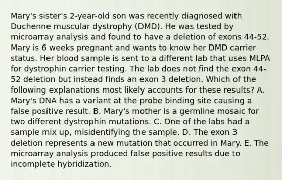 Mary's sister's 2-year-old son was recently diagnosed with Duchenne muscular dystrophy (DMD). He was tested by microarray analysis and found to have a deletion of exons 44-52. Mary is 6 weeks pregnant and wants to know her DMD carrier status. Her blood sample is sent to a different lab that uses MLPA for dystrophin carrier testing. The lab does not find the exon 44-52 deletion but instead finds an exon 3 deletion. Which of the following explanations most likely accounts for these results? A. Mary's DNA has a variant at the probe binding site causing a false positive result. B. Mary's mother is a germline mosaic for two different dystrophin mutations. C. One of the labs had a sample mix up, misidentifying the sample. D. The exon 3 deletion represents a new mutation that occurred in Mary. E. The microarray analysis produced false positive results due to incomplete hybridization.