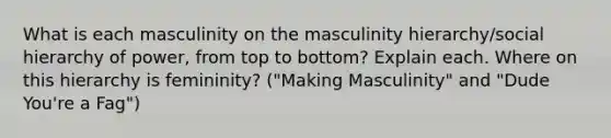 What is each masculinity on the masculinity hierarchy/social hierarchy of power, from top to bottom? Explain each. Where on this hierarchy is femininity? ("Making Masculinity" and "Dude You're a Fag")