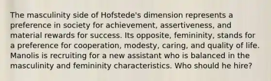 The masculinity side of Hofstede's dimension represents a preference in society for achievement, assertiveness, and material rewards for success. Its opposite, femininity, stands for a preference for cooperation, modesty, caring, and quality of life. Manolis is recruiting for a new assistant who is balanced in the masculinity and femininity characteristics. Who should he hire?