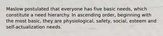 Maslow postulated that everyone has five basic needs, which constitute a need hierarchy. In ascending order, beginning with the most basic, they are physiological, safety, social, esteem and self-actualization needs.