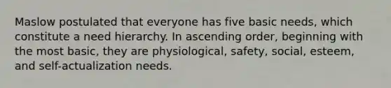 Maslow postulated that everyone has five basic needs, which constitute a need hierarchy. In ascending order, beginning with the most basic, they are physiological, safety, social, esteem, and self-actualization needs.