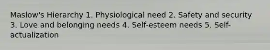 Maslow's Hierarchy 1. Physiological need 2. Safety and security 3. Love and belonging needs 4. Self-esteem needs 5. Self-actualization