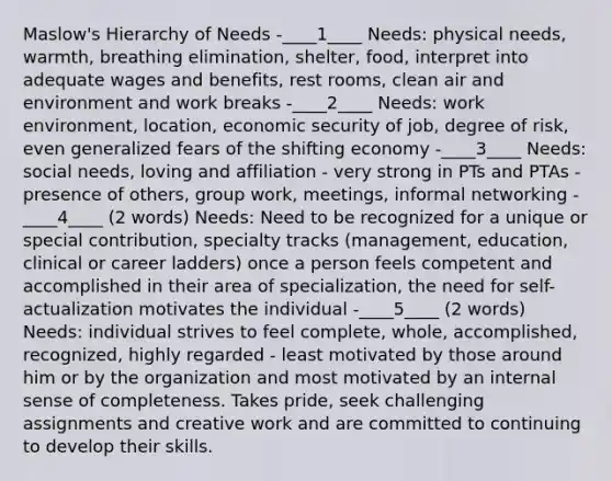 Maslow's Hierarchy of Needs -____1____ Needs: physical needs, warmth, breathing elimination, shelter, food, interpret into adequate wages and benefits, rest rooms, clean air and environment and work breaks -____2____ Needs: work environment, location, economic security of job, degree of risk, even generalized fears of the shifting economy -____3____ Needs: social needs, loving and affiliation - very strong in PTs and PTAs - presence of others, group work, meetings, informal networking -____4____ (2 words) Needs: Need to be recognized for a unique or special contribution, specialty tracks (management, education, clinical or career ladders) once a person feels competent and accomplished in their area of specialization, the need for self-actualization motivates the individual -____5____ (2 words) Needs: individual strives to feel complete, whole, accomplished, recognized, highly regarded - least motivated by those around him or by the organization and most motivated by an internal sense of completeness. Takes pride, seek challenging assignments and creative work and are committed to continuing to develop their skills.