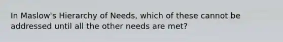 In Maslow's Hierarchy of Needs, which of these cannot be addressed until all the other needs are met?