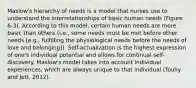 Maslow's hierarchy of needs is a model that nurses use to understand the interrelationships of basic human needs (Figure 6-3). According to this model, certain human needs are more basic than others (i.e., some needs must be met before other needs [e.g., fulfilling the physiological needs before the needs of love and belonging]). Self-actualization is the highest expression of one's individual potential and allows for continual self-discovery. Maslow's model takes into account individual experiences, which are always unique to that individual (Touhy and Jett, 2012).