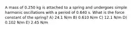 A mass of 0.250 kg is attached to a spring and undergoes simple harmonic oscillations with a period of 0.640 s. What is the force constant of the spring? A) 24.1 N/m B) 0.610 N/m C) 12.1 N/m D) 0.102 N/m E) 2.45 N/m