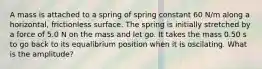 A mass is attached to a spring of spring constant 60 N/m along a horizontal, frictionless surface. The spring is initially stretched by a force of 5.0 N on the mass and let go. It takes the mass 0.50 s to go back to its equalibrium position when it is oscilating. What is the amplitude?