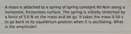 A mass is attached to a spring of spring constant 60 N/m along a horizontal, frictionless surface. The spring is initially stretched by a force of 5.0 N on the mass and let go. It takes the mass 0.50 s to go back to its equilibrium position when it is oscillating. What is the amplitude?