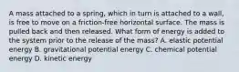 A mass attached to a spring, which in turn is attached to a wall, is free to move on a friction-free horizontal surface. The mass is pulled back and then released. What form of energy is added to the system prior to the release of the mass? A. elastic potential energy B. gravitational potential energy C. chemical potential energy D. kinetic energy