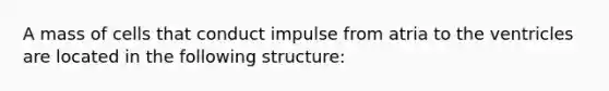 A mass of cells that conduct impulse from atria to the ventricles are located in the following structure: