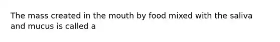 The mass created in <a href='https://www.questionai.com/knowledge/krBoWYDU6j-the-mouth' class='anchor-knowledge'>the mouth</a> by food mixed with the saliva and mucus is called a