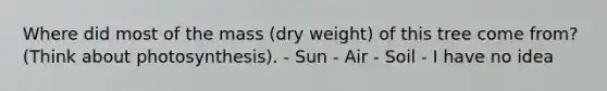 Where did most of the mass (dry weight) of this tree come from? (Think about photosynthesis). - Sun - Air - Soil - I have no idea