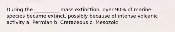 During the __________ mass extinction, over 90% of marine species became extinct, possibly because of intense volcanic activity a. Permian b. Cretaceous c. Mesozoic