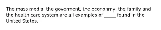 The mass media, the goverment, the econonmy, the family and the health care system are all examples of _____ found in the United States.