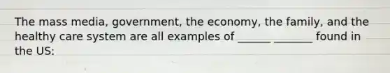 The mass media, government, the economy, the family, and the healthy care system are all examples of ______ _______ found in the US: