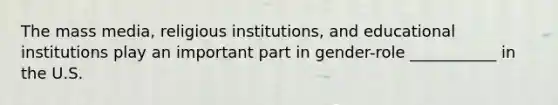 The mass media, religious institutions, and educational institutions play an important part in gender-role ___________ in the U.S.