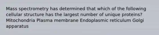 Mass spectrometry has determined that which of the following cellular structure has the largest number of unique proteins? Mitochondria Plasma membrane Endoplasmic reticulum Golgi apparatus