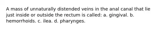 A mass of unnaturally distended veins in the anal canal that lie just inside or outside the rectum is called: a. gingival. b. hemorrhoids. c. ilea. d. pharynges.