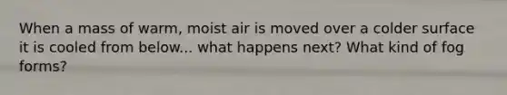 When a mass of warm, moist air is moved over a colder surface it is cooled from below... what happens next? What kind of fog forms?